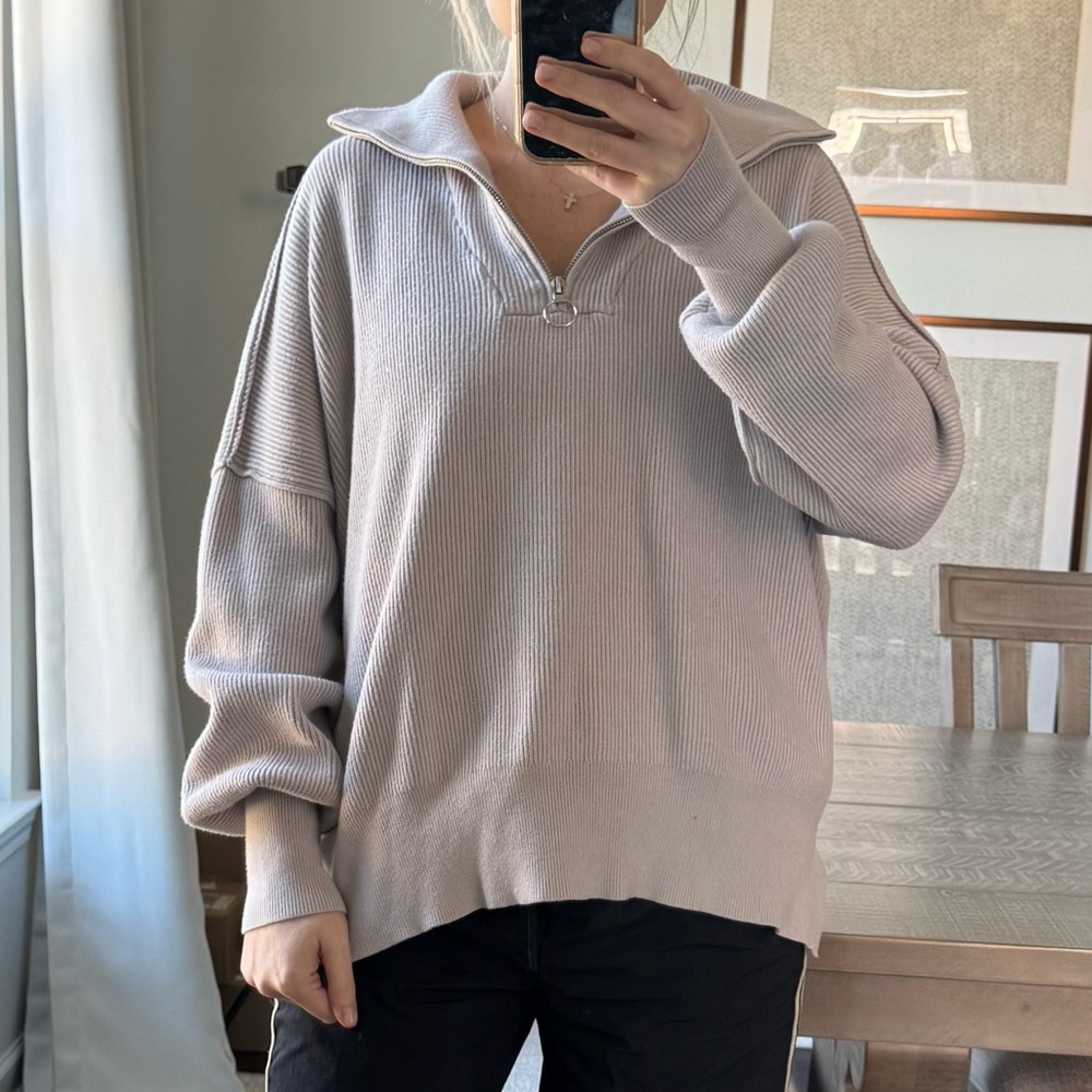 Oversize Thick Comfy Cozy Light Grey Ribbed Zip-Up Pullover Sweater - Picture 8 of 11